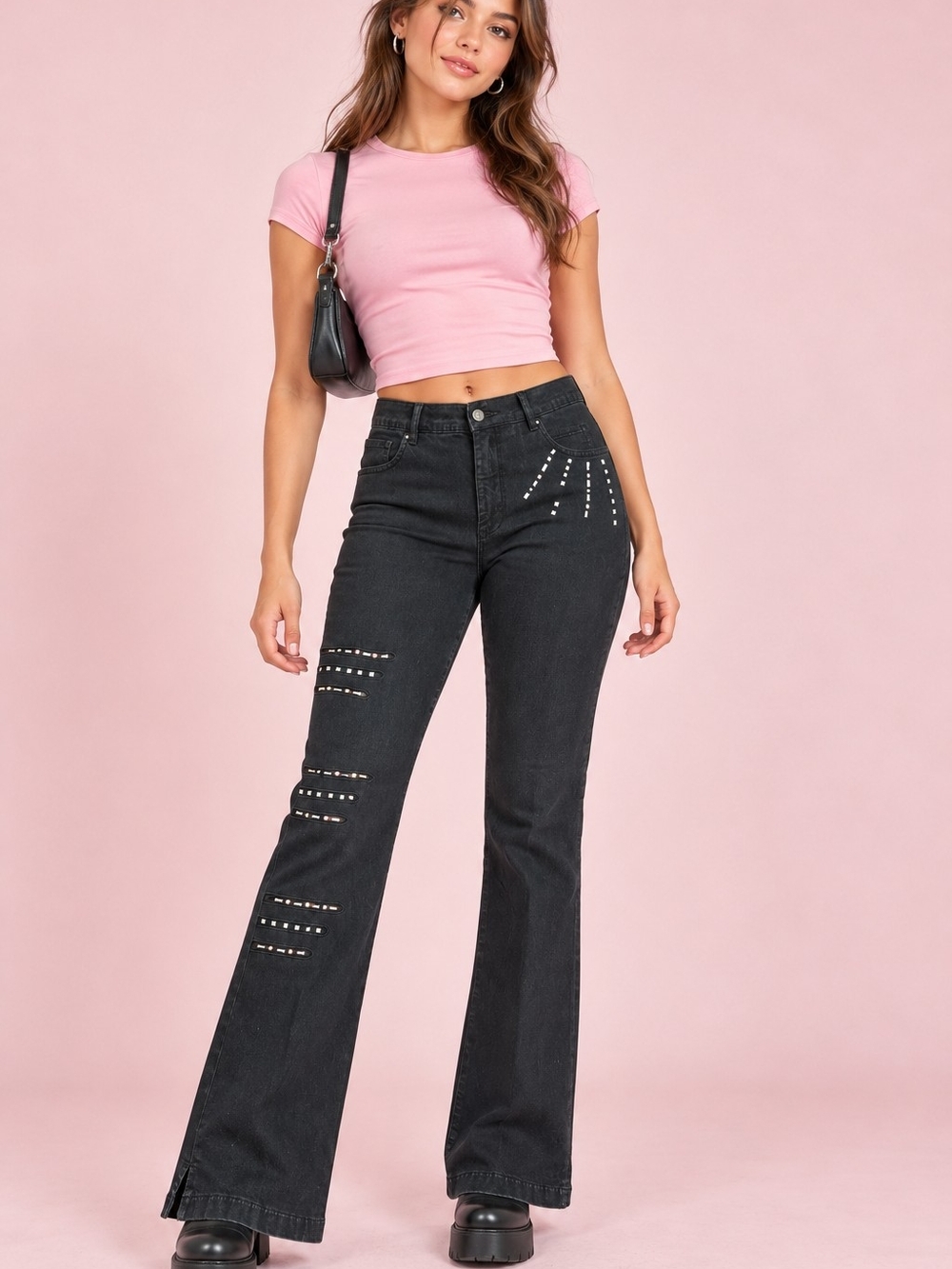 Lafei-Nier Black Embellished Bootcut Jeans – Size 8 – Y2K Style